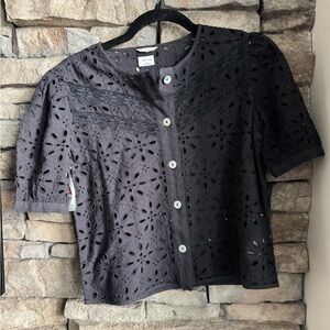 Aritzia Black Eyelet Monet Button-Front Crop Top